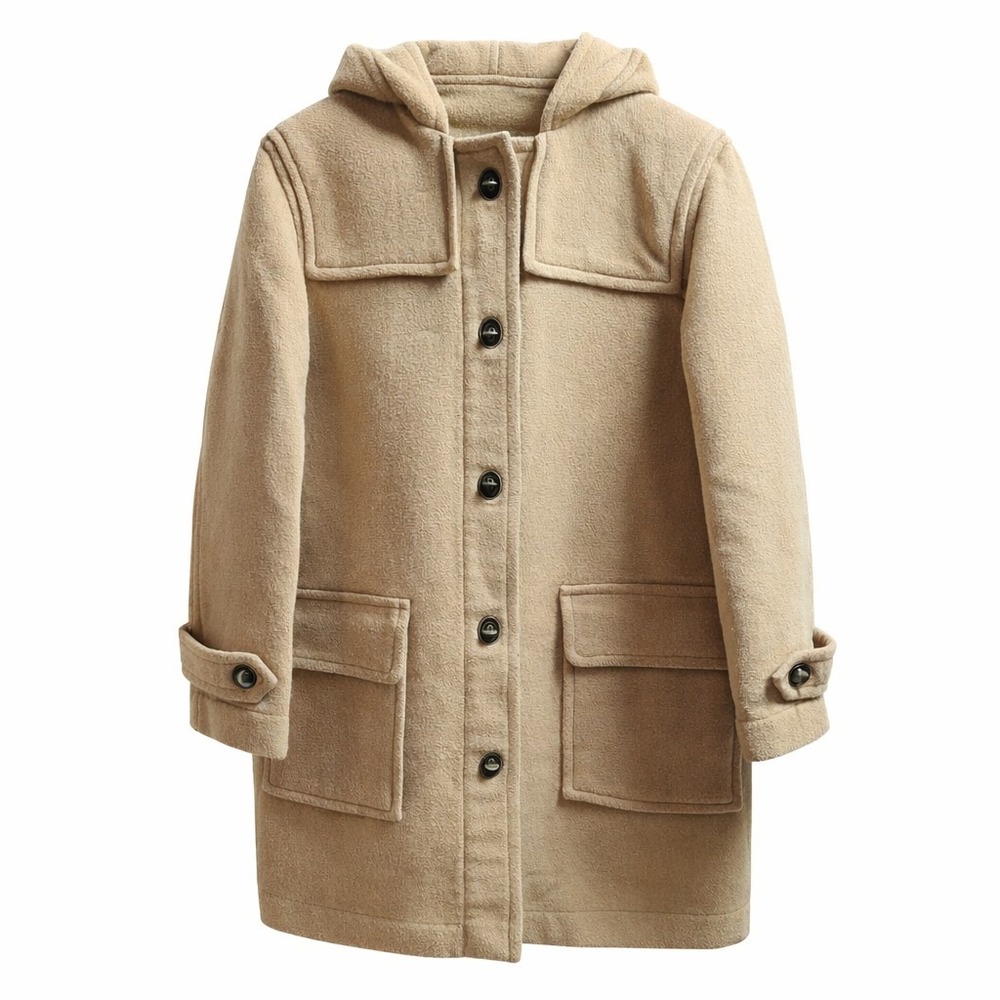 Vtg OLD NAVY Wool Blend Hooded Toggle Coat Sz XS Beige Plaid Preppy Academia